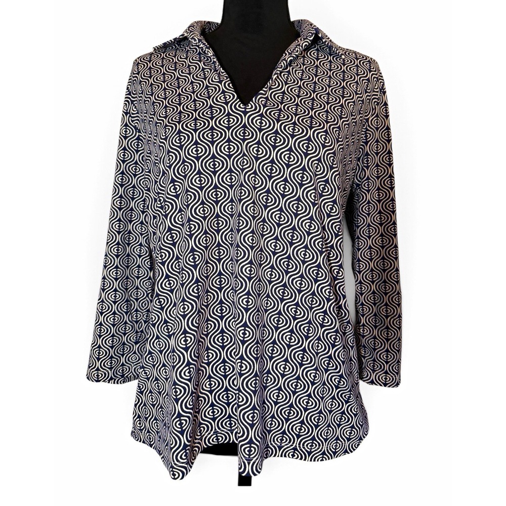J McLaughlin Aida Top Womens XL Navy White Geometric Catalina Cloth 3/4 Sleeve